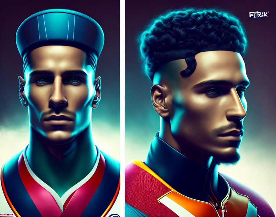 Colorful digital artwork featuring two stylized male figures with intricate hair and vibrant uniforms on a dark backdrop