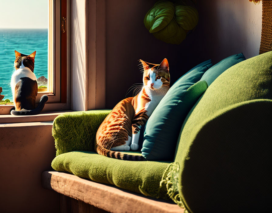 Two cats relaxing in a cozy room with a view of the sea