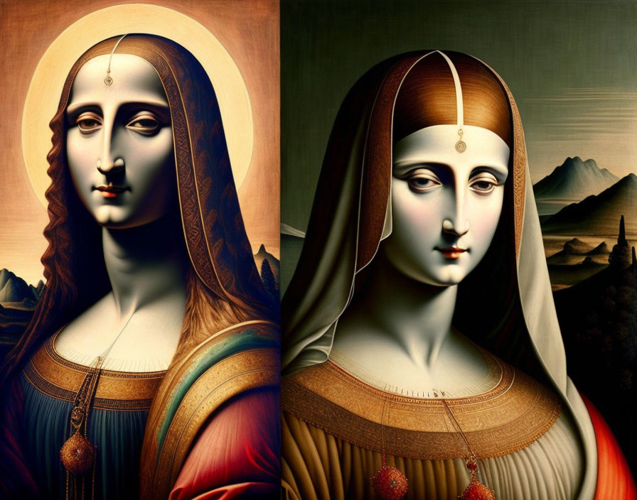 Digital renderings of Mona Lisa with and without smile, set in mountain landscape