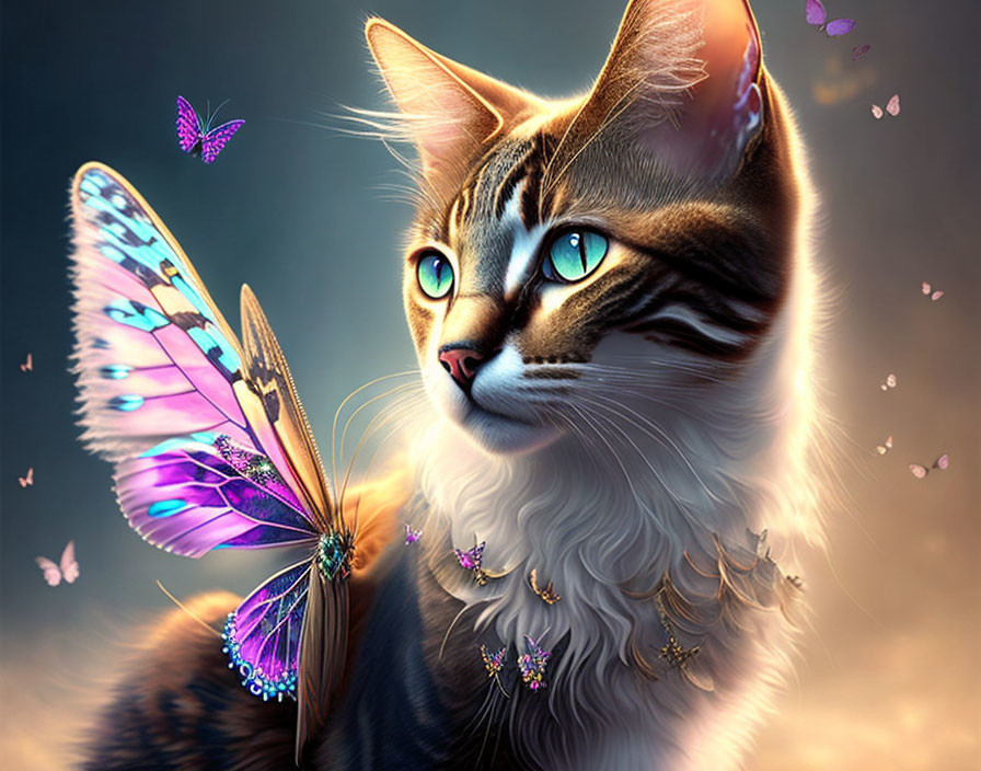 Digital Artwork: Cat with Vibrant Blue Eyes Surrounded by Pink and Blue Butterflies