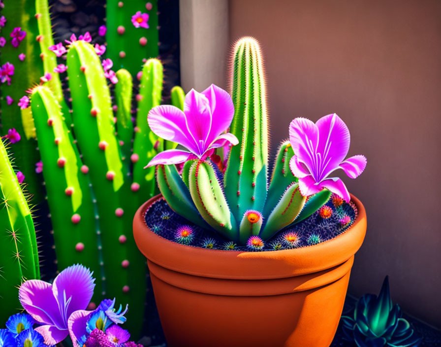 Colorful cacti and succulents with bright purple flowers in vibrant pot.