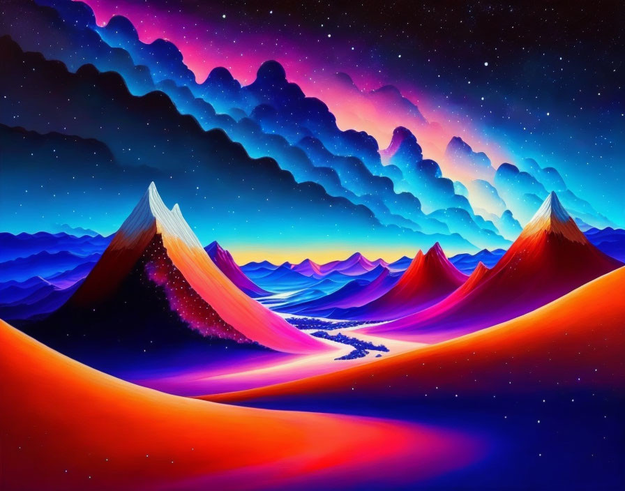 Stylized mountains under starry sky in vibrant digital art