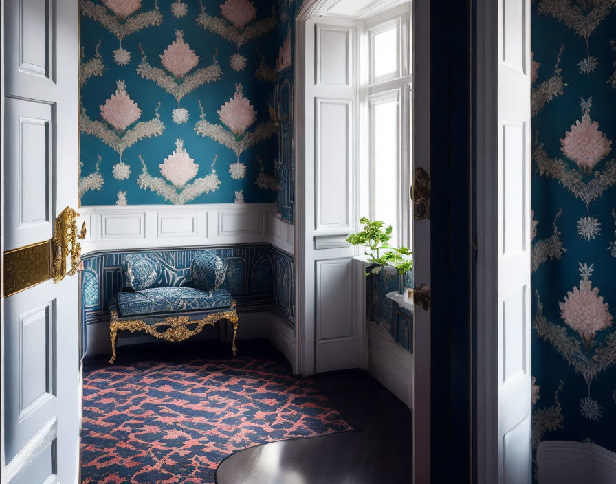 Luxurious room with blue wallpaper, gold bench, and red rug