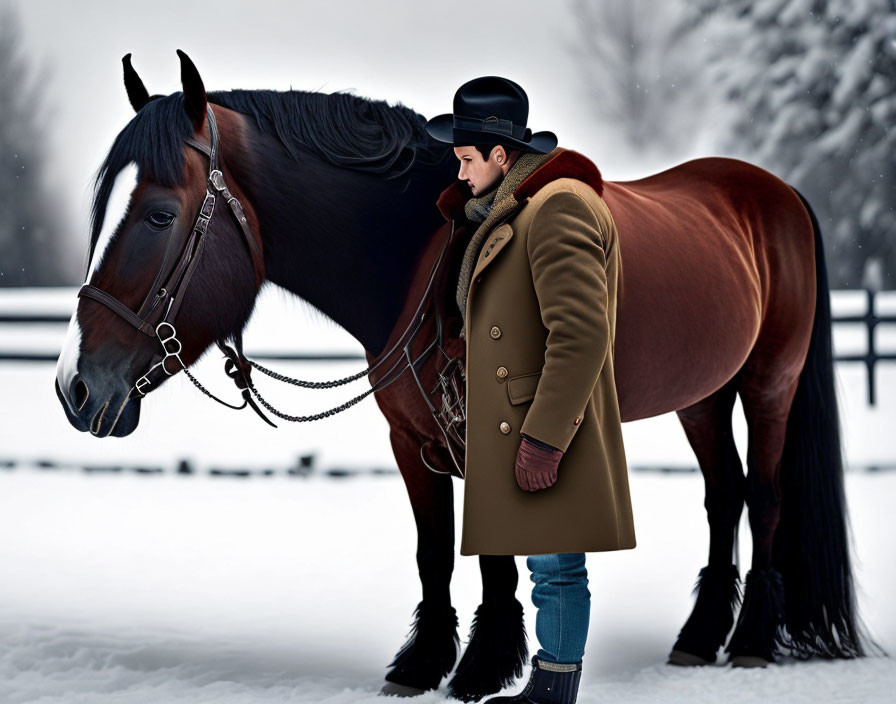 Person in Brown Coat Standing Near Chestnut Horse in Snowy Landscape