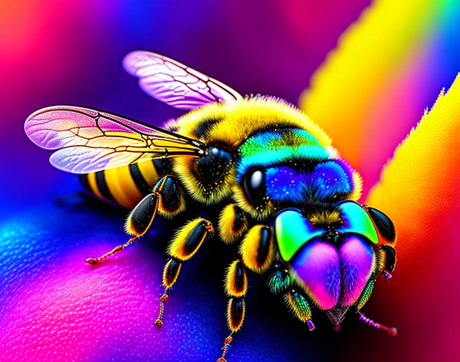 Colorful Bee with Iridescent Wings on Rainbow Background