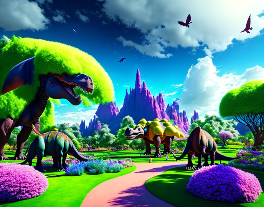 Vibrant dinosaur scene with lush greenery and purple mountains