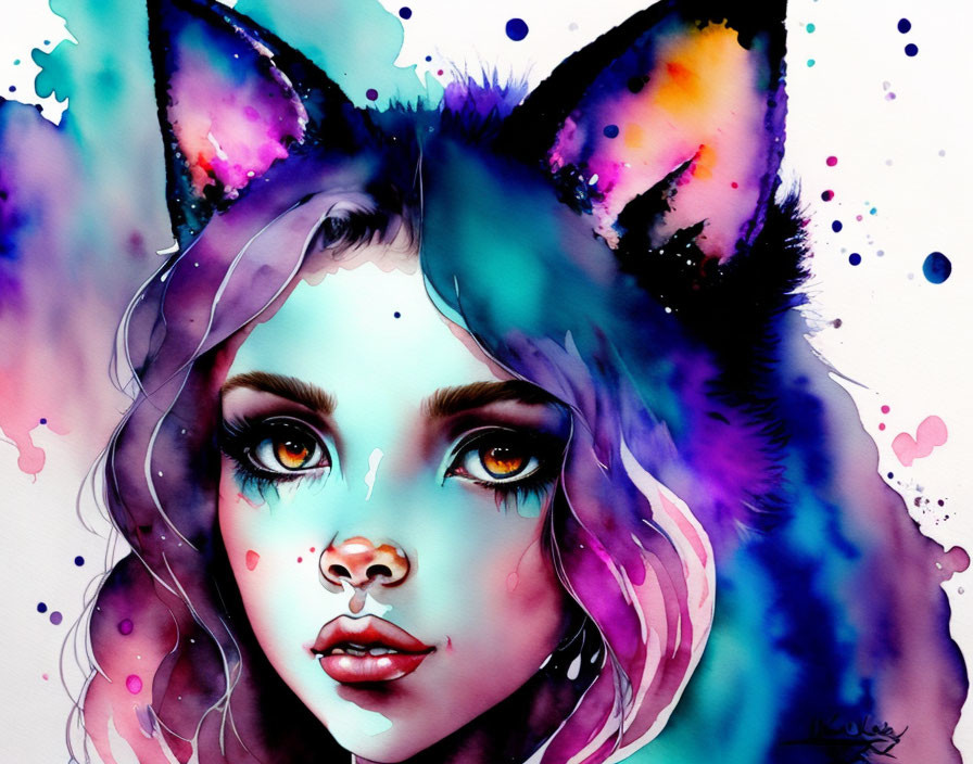 Vibrant watercolor portrait of a woman with cat ears in blue, pink, and purple hues