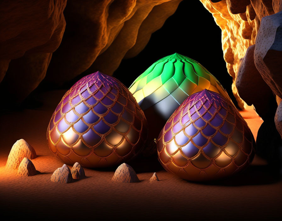 Vibrant Textured Eggs in Glowing Cave Setting