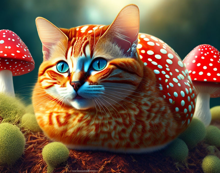 Digital artwork of orange tabby cat with mushroom body in mossy setting