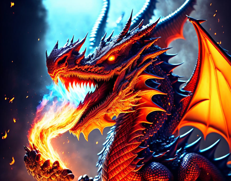 Multi-headed dragon breathing fire with orange wings on dark background