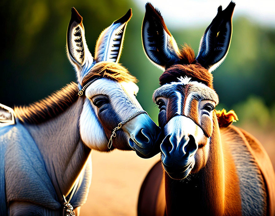 Two expressive-faced donkeys with perked ears, one gray and one brown, against green background