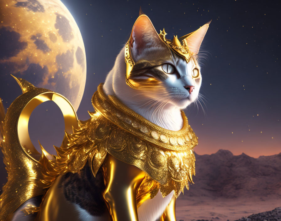 Regal cat in golden armor under full moon in desert landscape