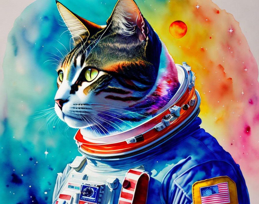 Vibrant Cat Astronaut Illustration with Space Background