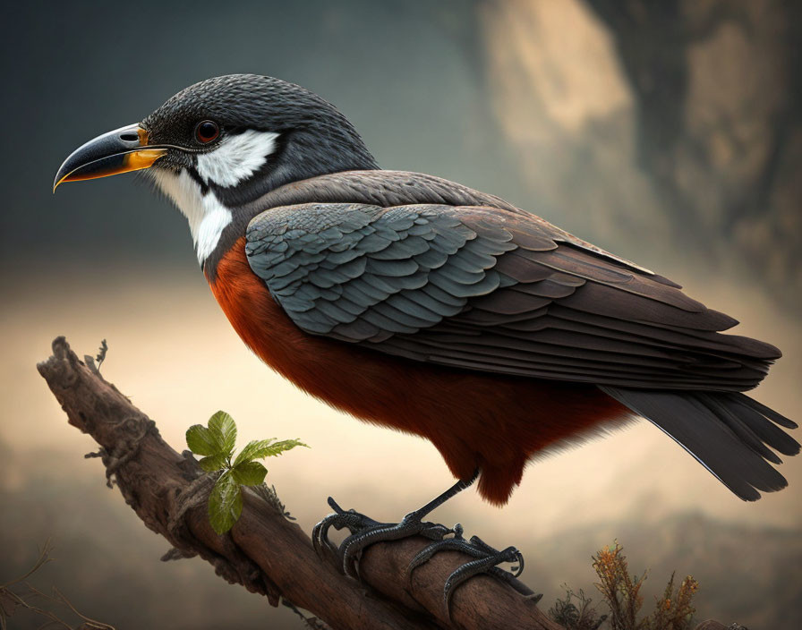 Bird with Black, White, and Chestnut Plumage Perched on Branch