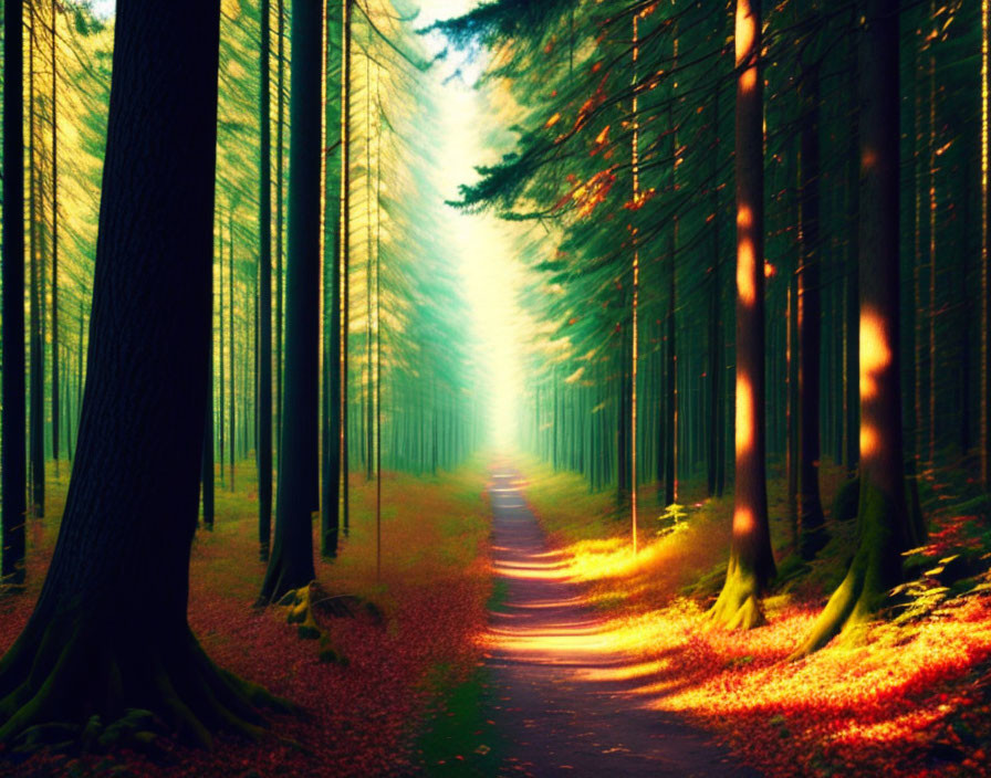 Tranquil forest path with sunlight through trees and colorful leaves