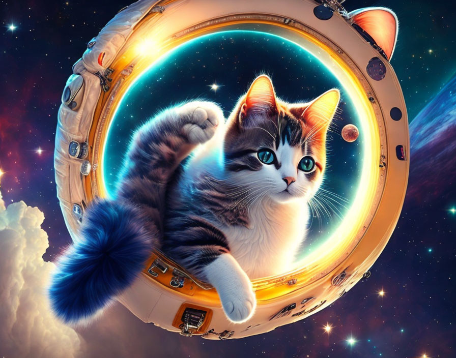 Cat in spaceship portal with cosmic background.