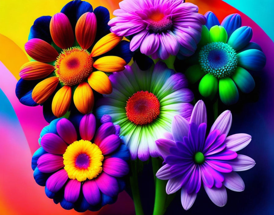 Digitally Enhanced Multicolored Daisies on Rainbow Background