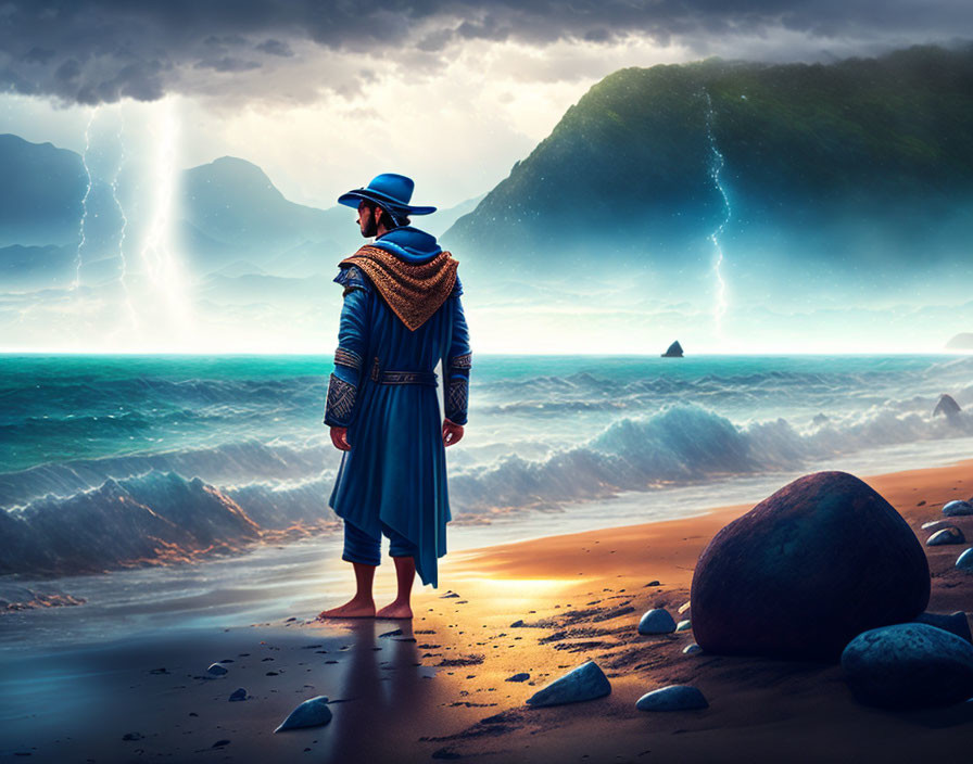 Person in Blue Cloak and Hat Watching Storm on Beach with Lightning and Green Cliffs