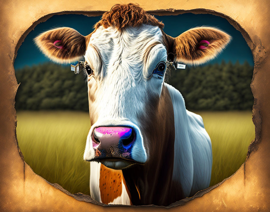 Brown and White Cow with Ear Tags on Torn Paper Effect Background