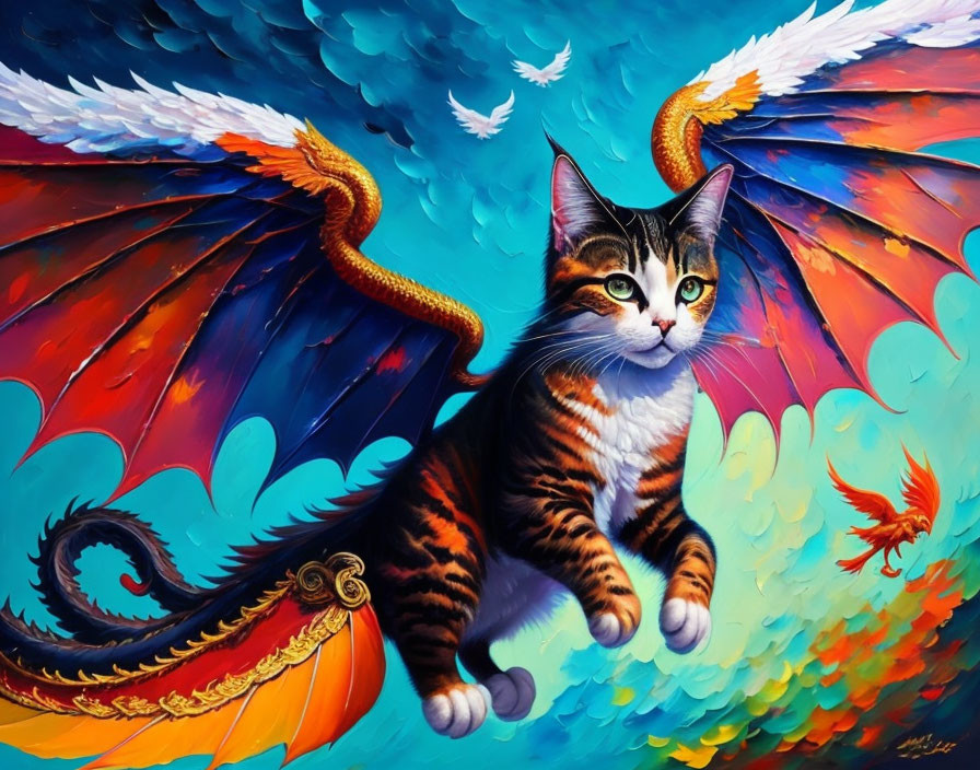 Colorful Tabby Cat Painting with Large Wings in Flight