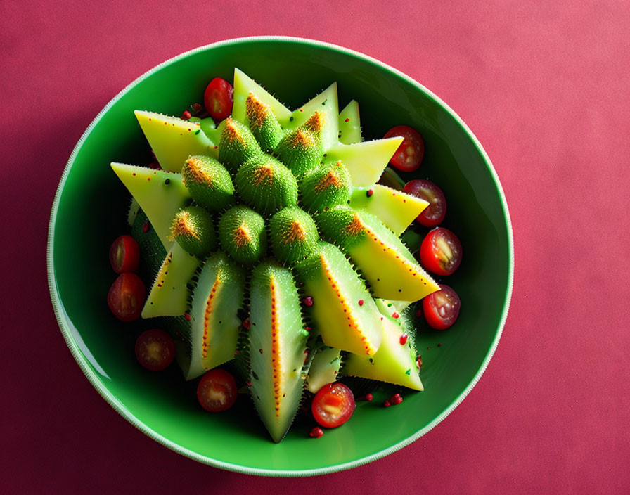 Circular sliced starfruit in green bowl with red berries on pink background