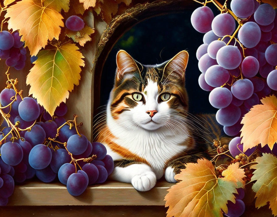 Calico cat on windowsill with purple grapes and golden leaves