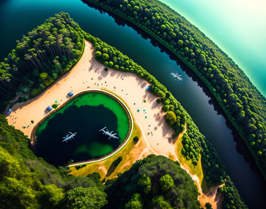 Curved Riverbank, Green Lagoon, Beach, and Forest with Flying Planes