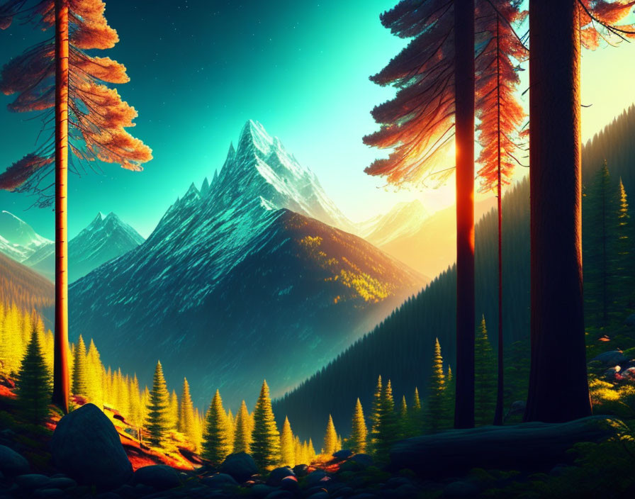 Majestic mountain peak with towering pine trees and warm forest light