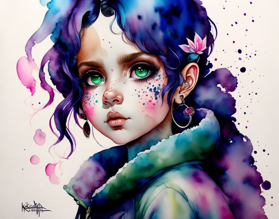 Colorful illustration of girl with green eyes, pink freckles, purple hair, and floral elements