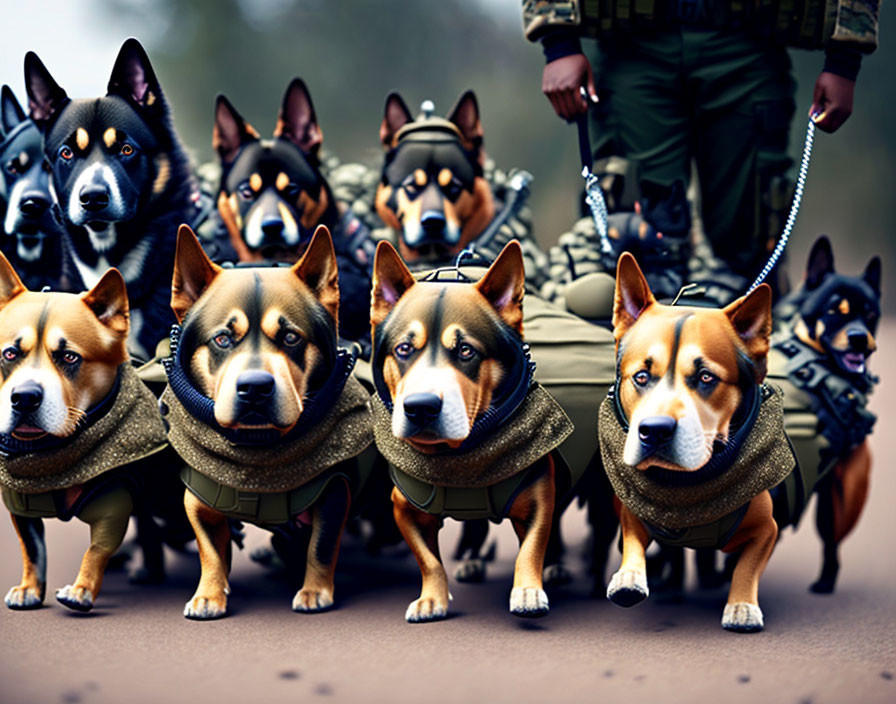 Group of Dogs in Military-Style Vests with Leashes Held by Person