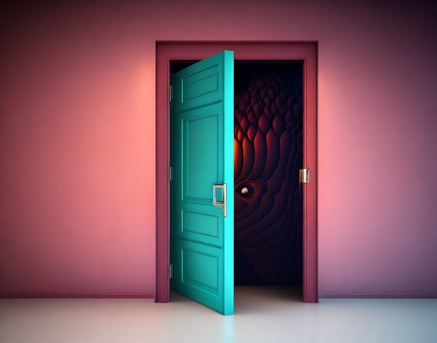 Teal open door in pink wall leads to dark room with textured wave design