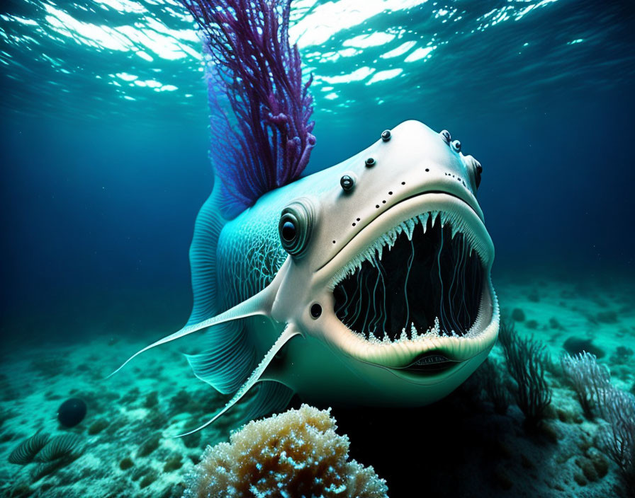 Bioluminescent fish with sharp teeth in vibrant underwater scene