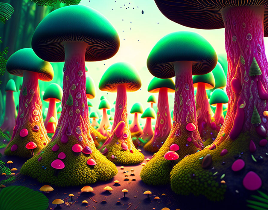 Colorful Fantasy Illustration: Enchanted Forest with Oversized Mushrooms