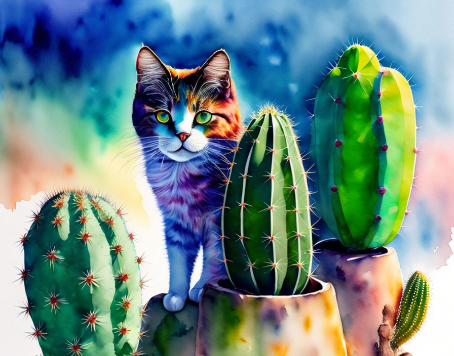 Vibrant watercolor artwork: Calico cat with green cacti on blue and purple backdrop