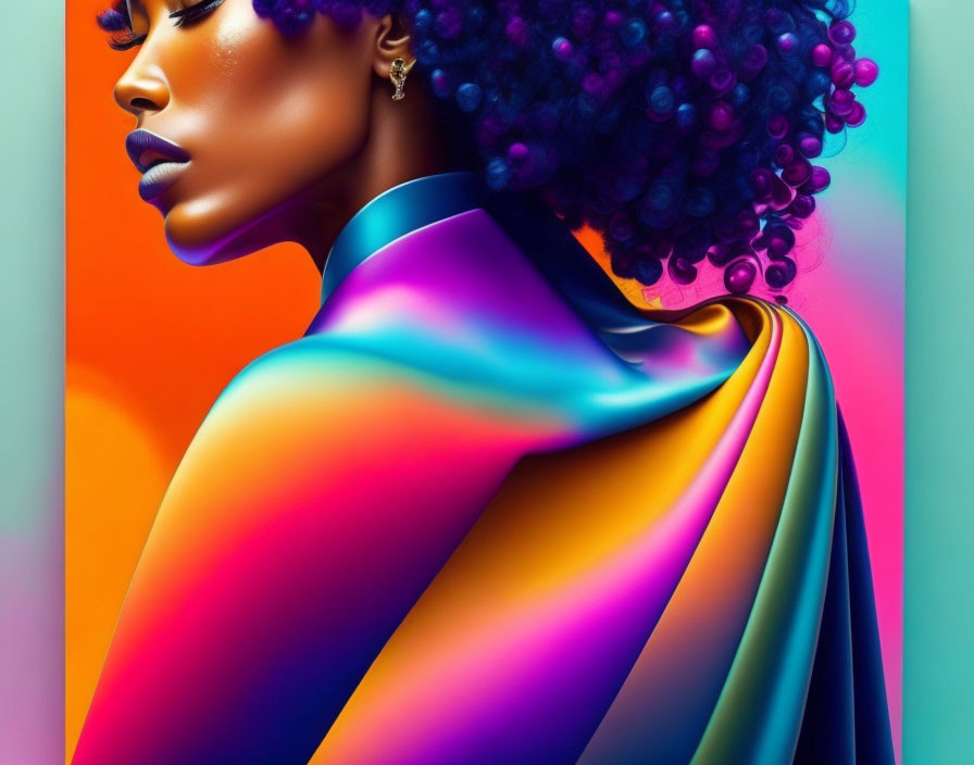 Woman with Vibrant Makeup and Flowing Garment on Orange and Blue Gradient Background