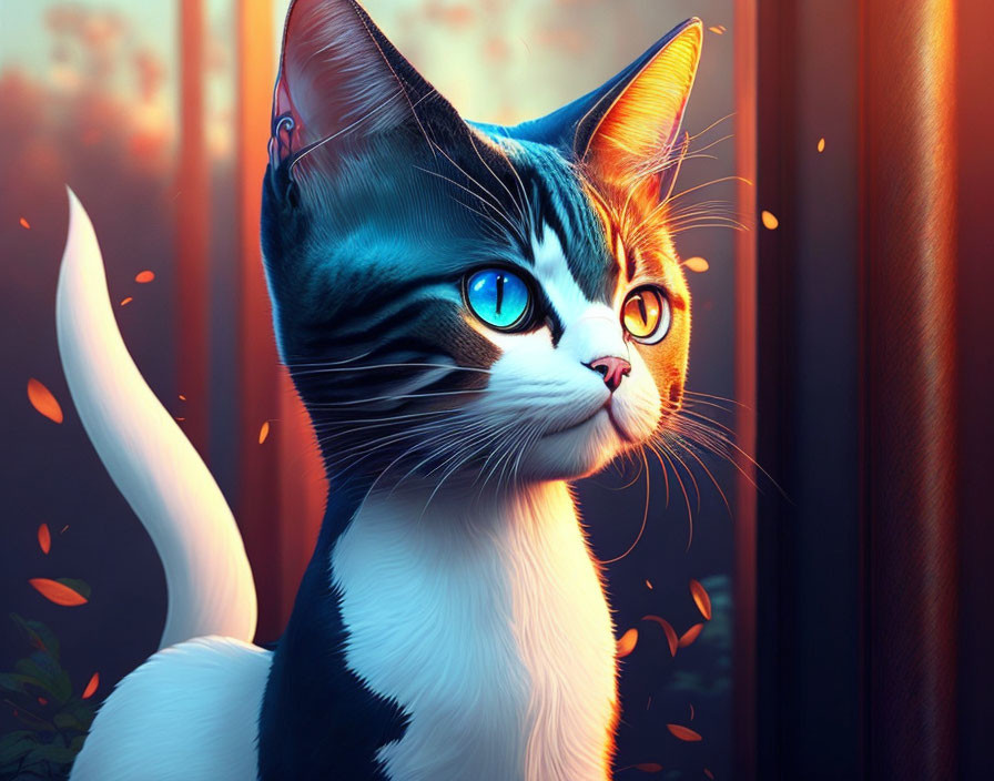 Digital illustration of cat with blue eyes and black and white fur by window with falling leaves.