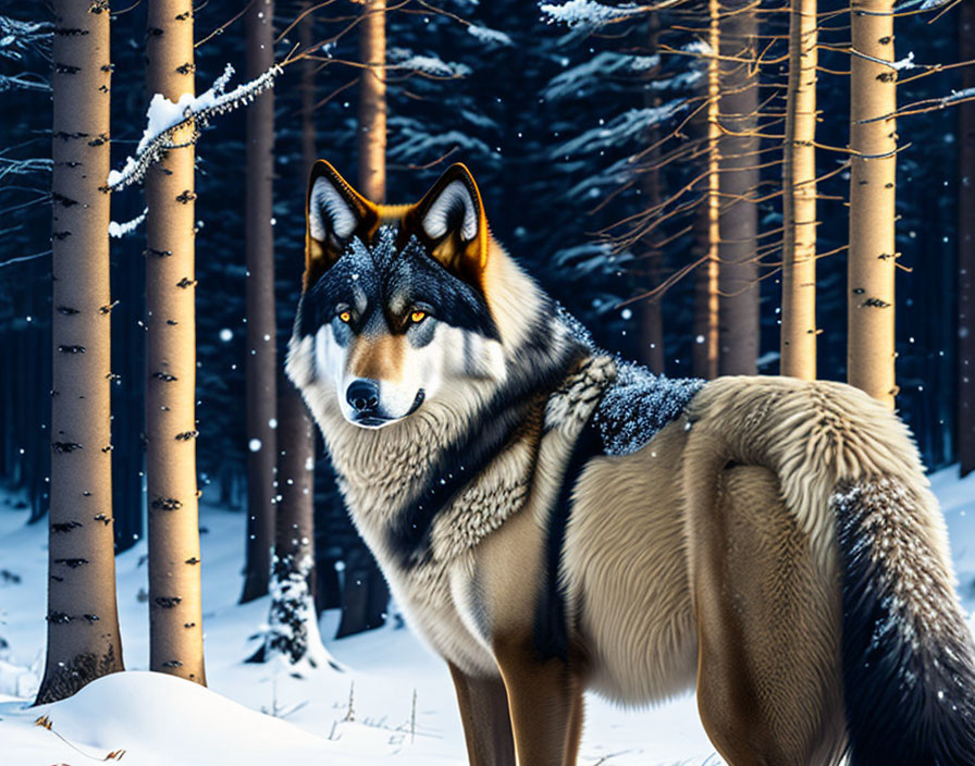 Majestic wolf in snow-covered forest with falling snow