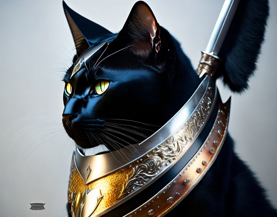 Black Cat in Silver and Gold Knight Armor with Sword