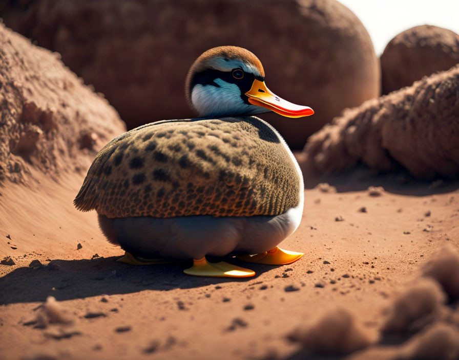 Colorful Duck with Bright Orange Beak and Feet on Sandy Ground