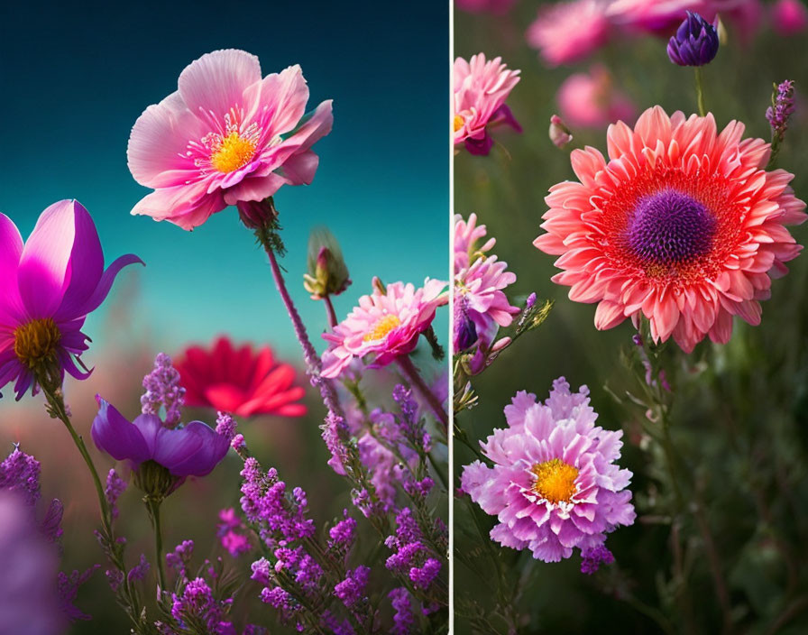 Colorful Flower Collage with Pink Cosmos and Gerbera on Left, Varied Pink Blossoms