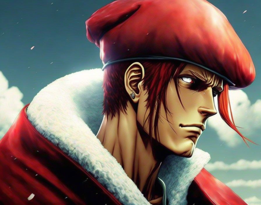 Anime character with red beret and long sideburns in cloudy sky setting