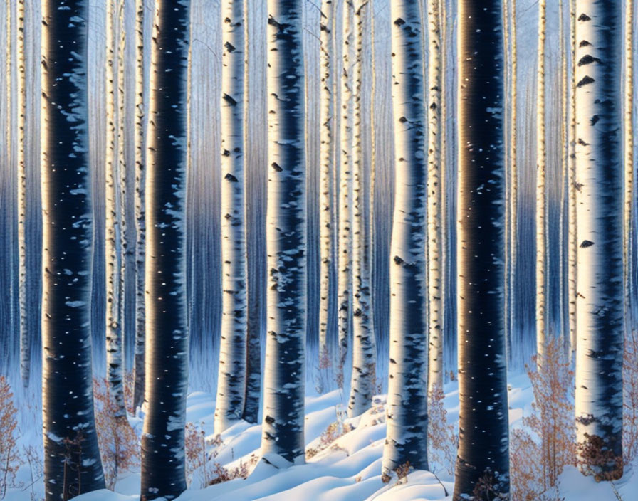 Snow-covered Aspen Trees with White Bark and Black Knots in Sunlit Forest