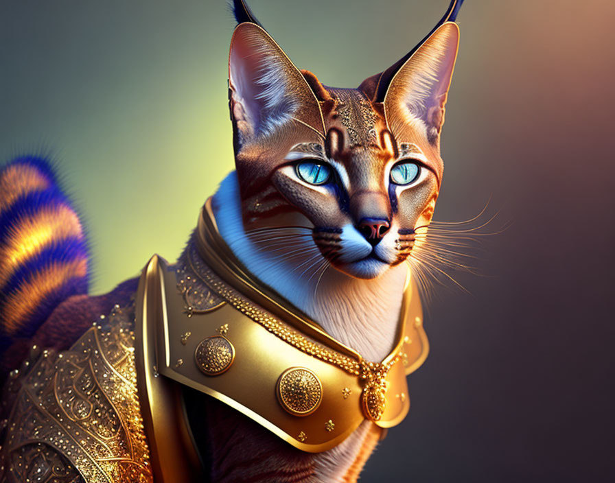 Majestic cat in golden armor with blue eyes on gradient background