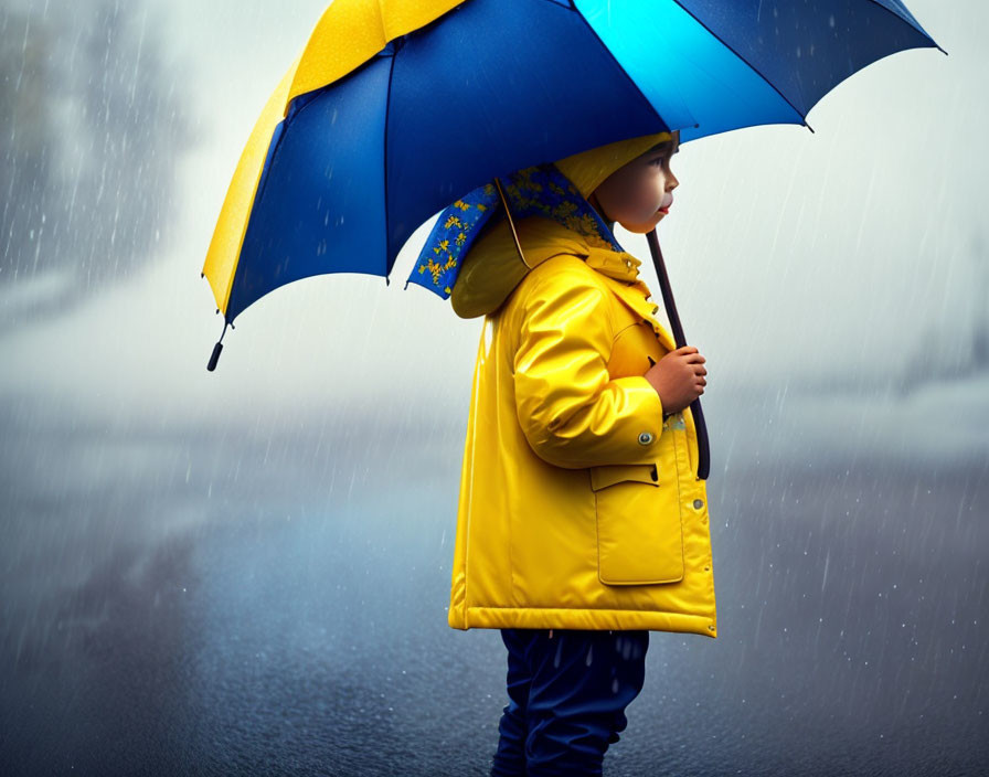 Child in Yellow Raincoat with Blue Umbrella in Rain