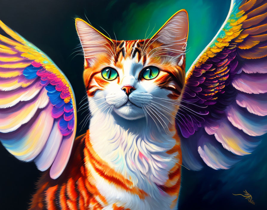 Colorful Cat Painting with Whimsical Wings and Green Eyes