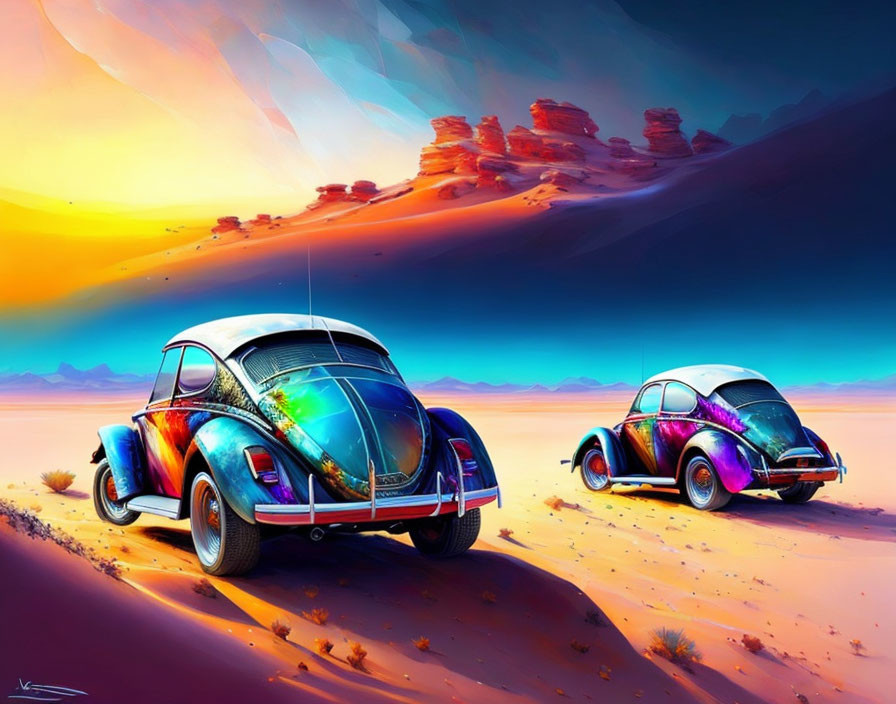 Classic Volkswagen Beetles in vibrant paint on desert with colorful skies