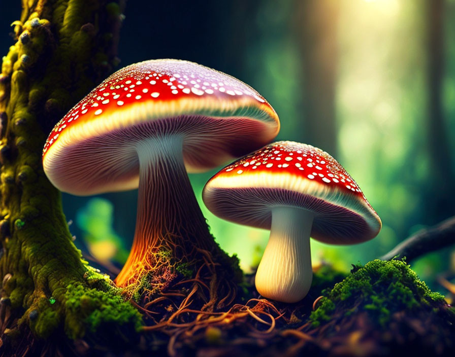 Vibrant red and white spotted mushrooms in sunlit forest