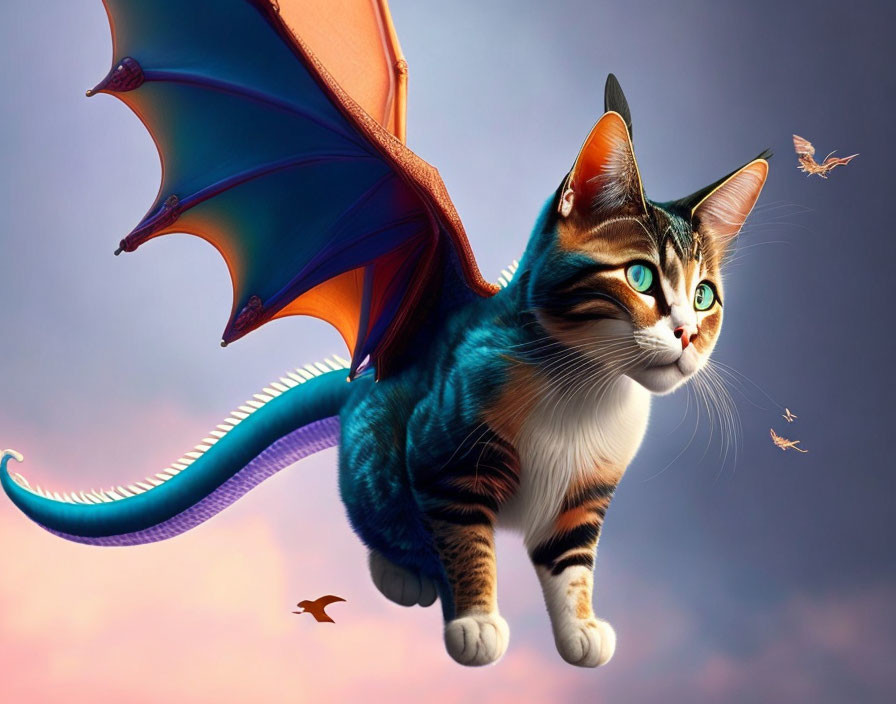 Illustration of flying cat with dragon wings and tail in purple sky with tiny birds