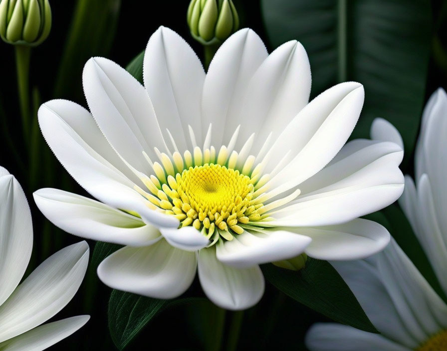 White Daisy with Vibrant Yellow Center Surrounded by Green Buds