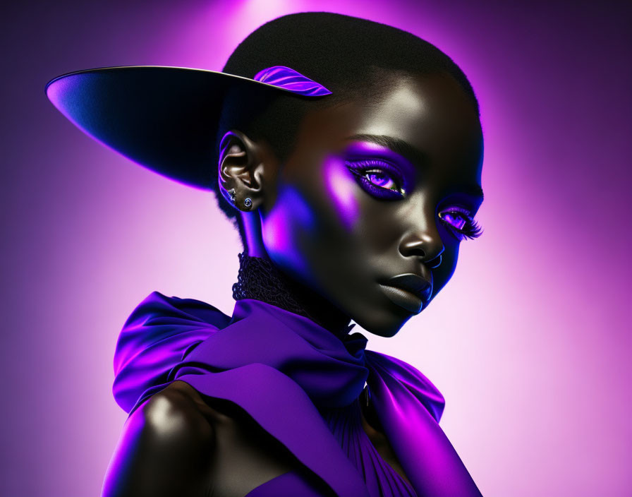 Portrait of person with dark skin in purple makeup and outfit